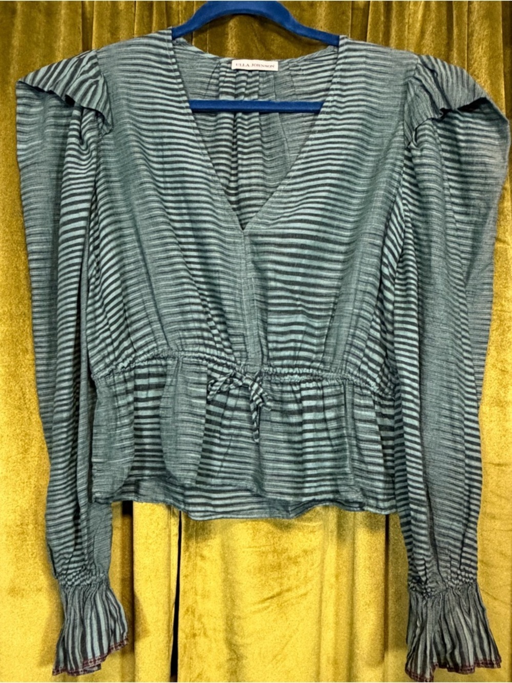Ulla Johnson Ophelia Cotton Voile Peplum Blouse Teal Stripe. Size 4 Retail $295